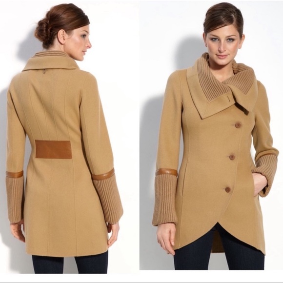 Mackage Camel Brown Tessa Wool Coat Leather Trim - Picture 12 of 12
